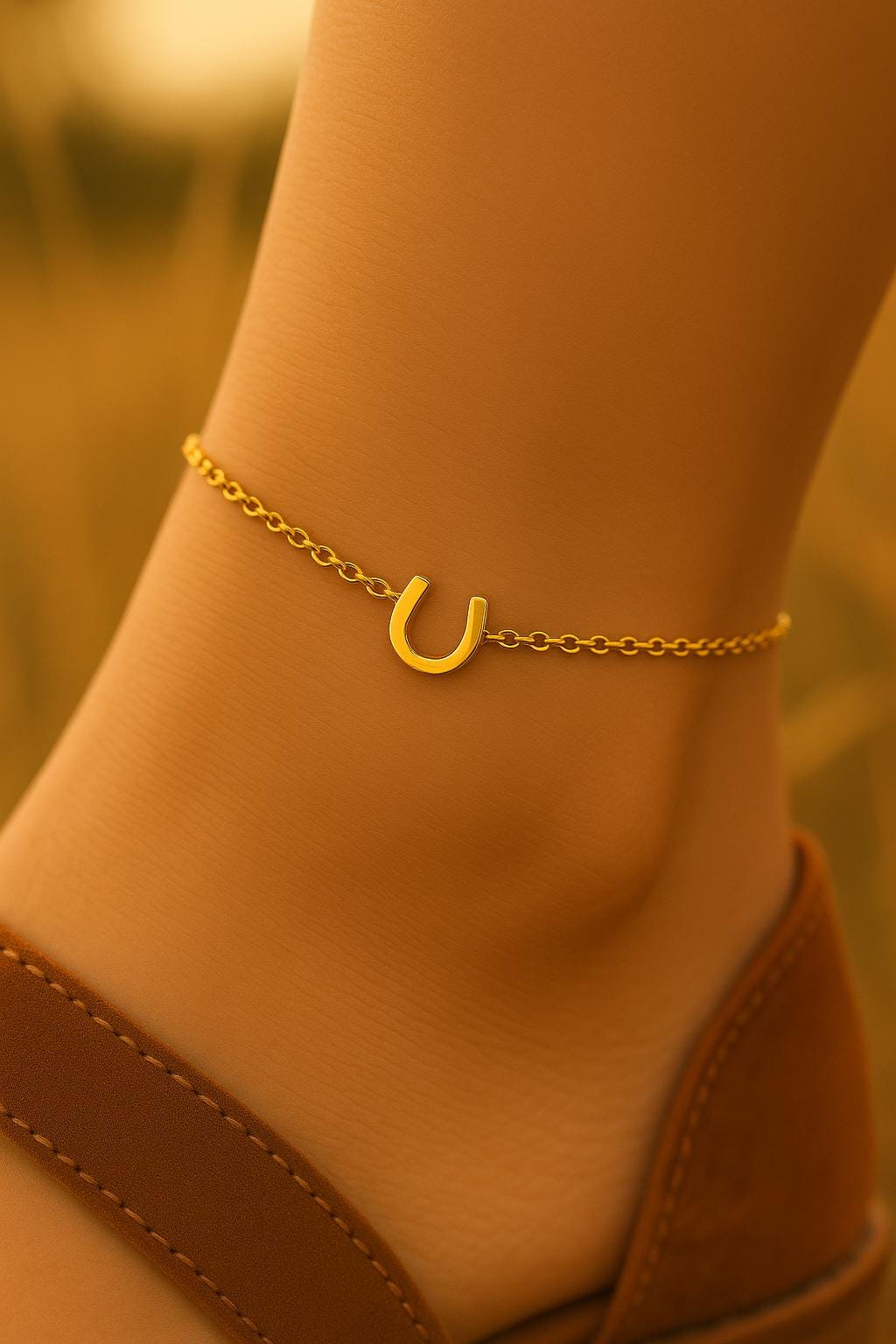Gold anklet with a horseshoe charm on a person's ankle against a blurred background.