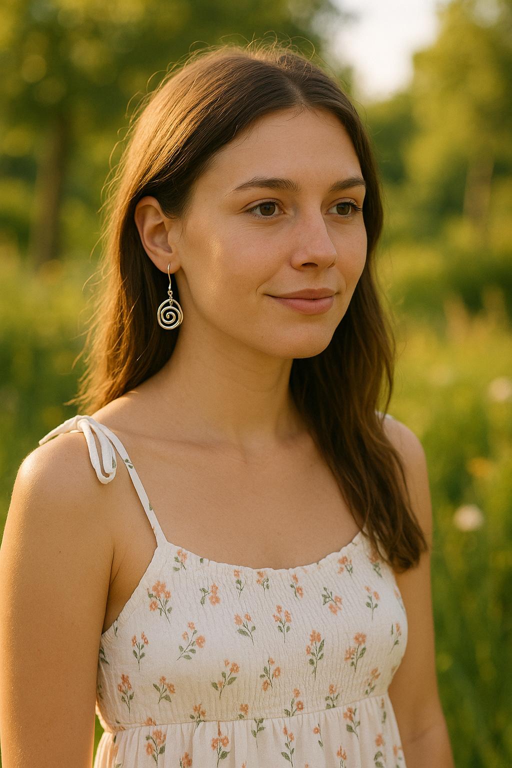 Woman wearing a floral dress in a natural setting