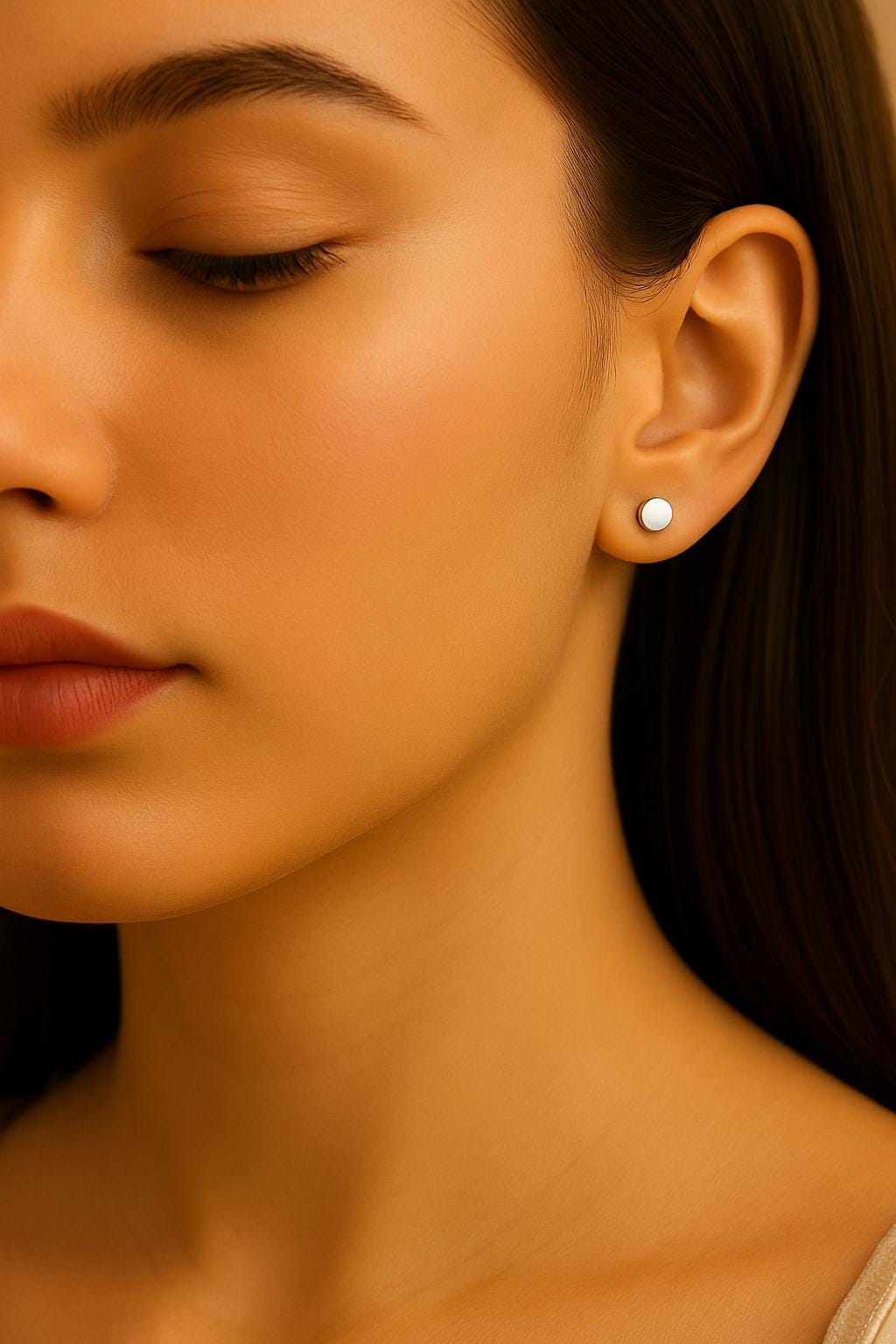Close-up of a woman wearing a silver earring with a blurred background