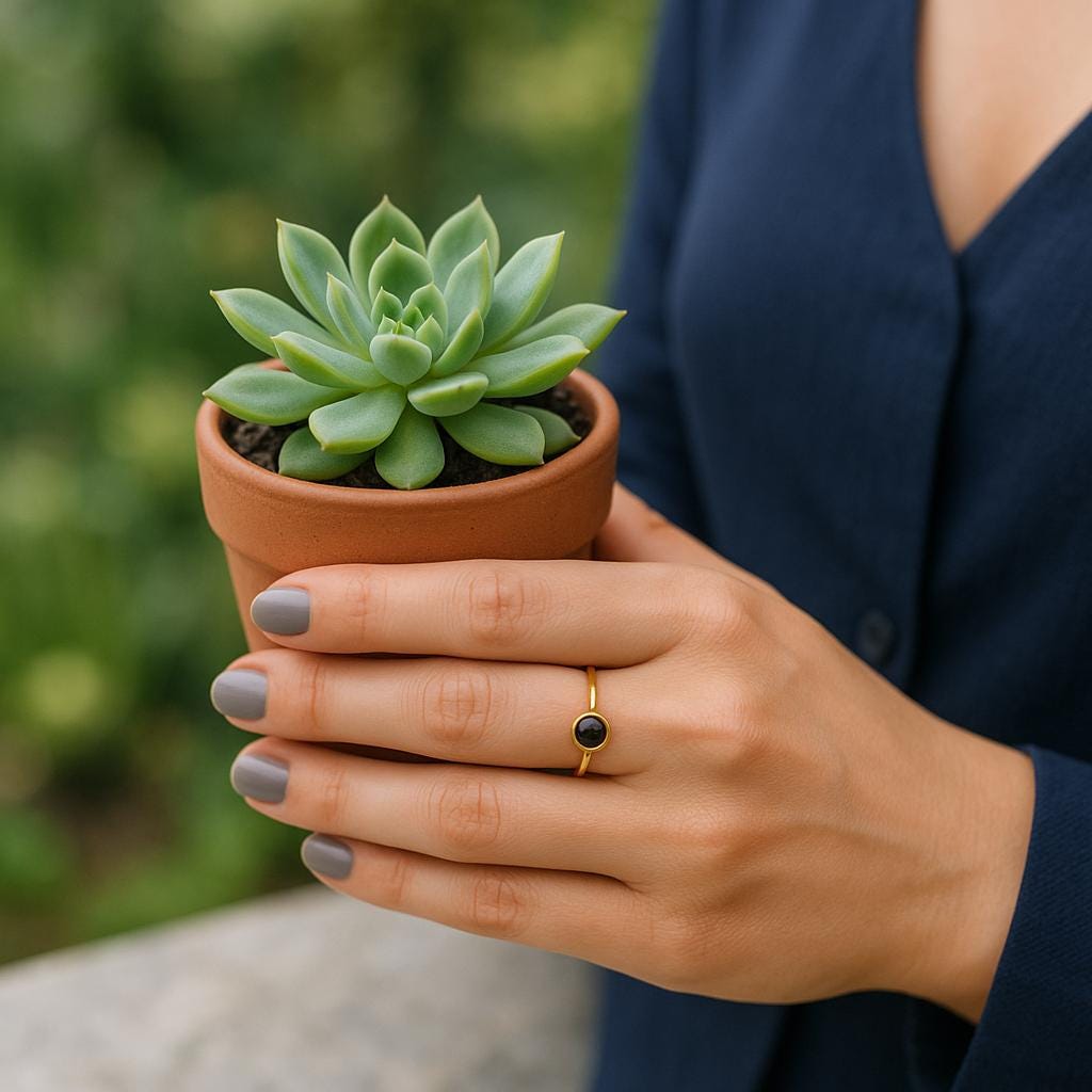 Hand holding a potted succulent plant with a blurred green background