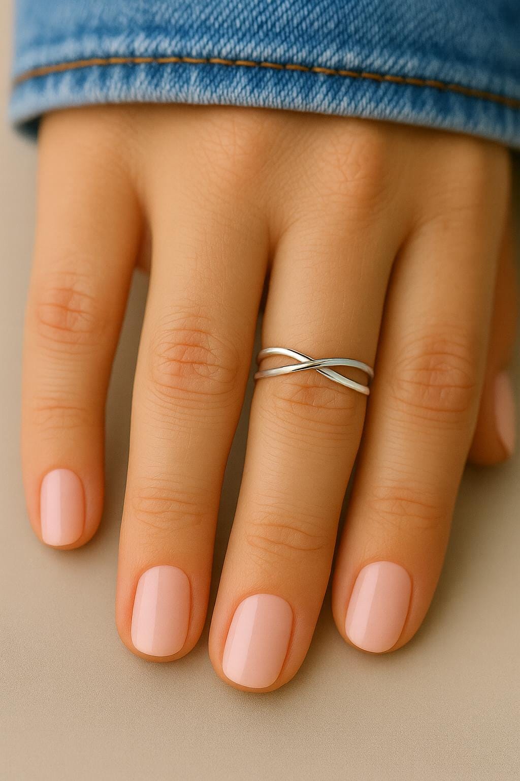 Hand wearing a silver ring with pink nail polish on a neutral background