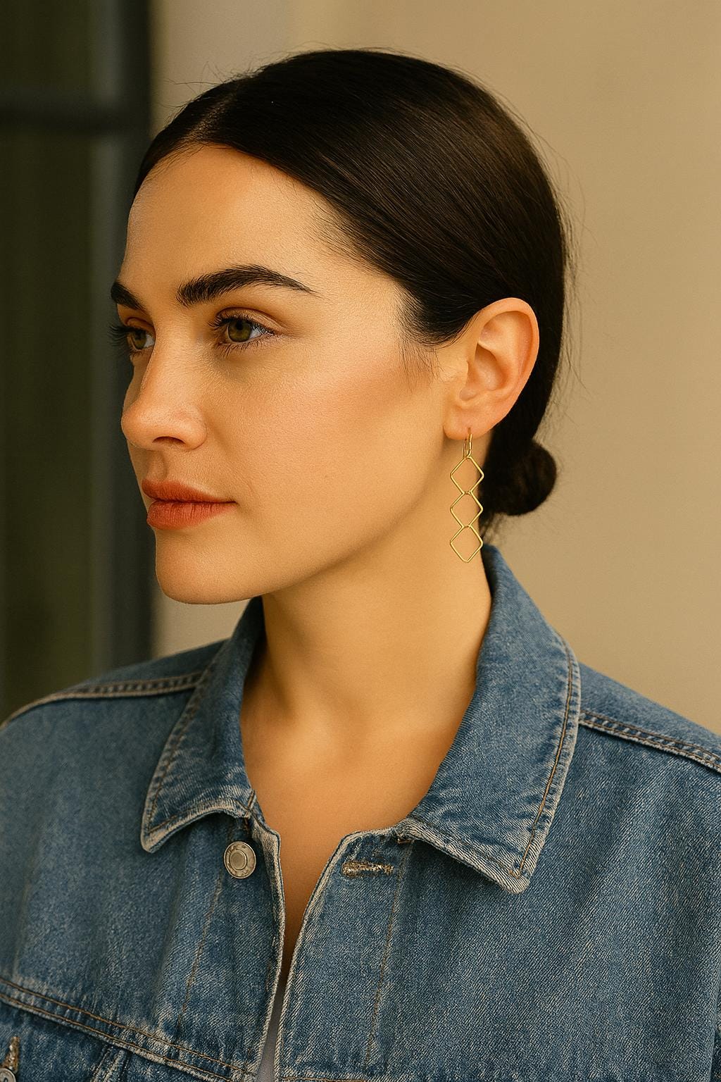 Woman wearing a denim jacket with a neutral background