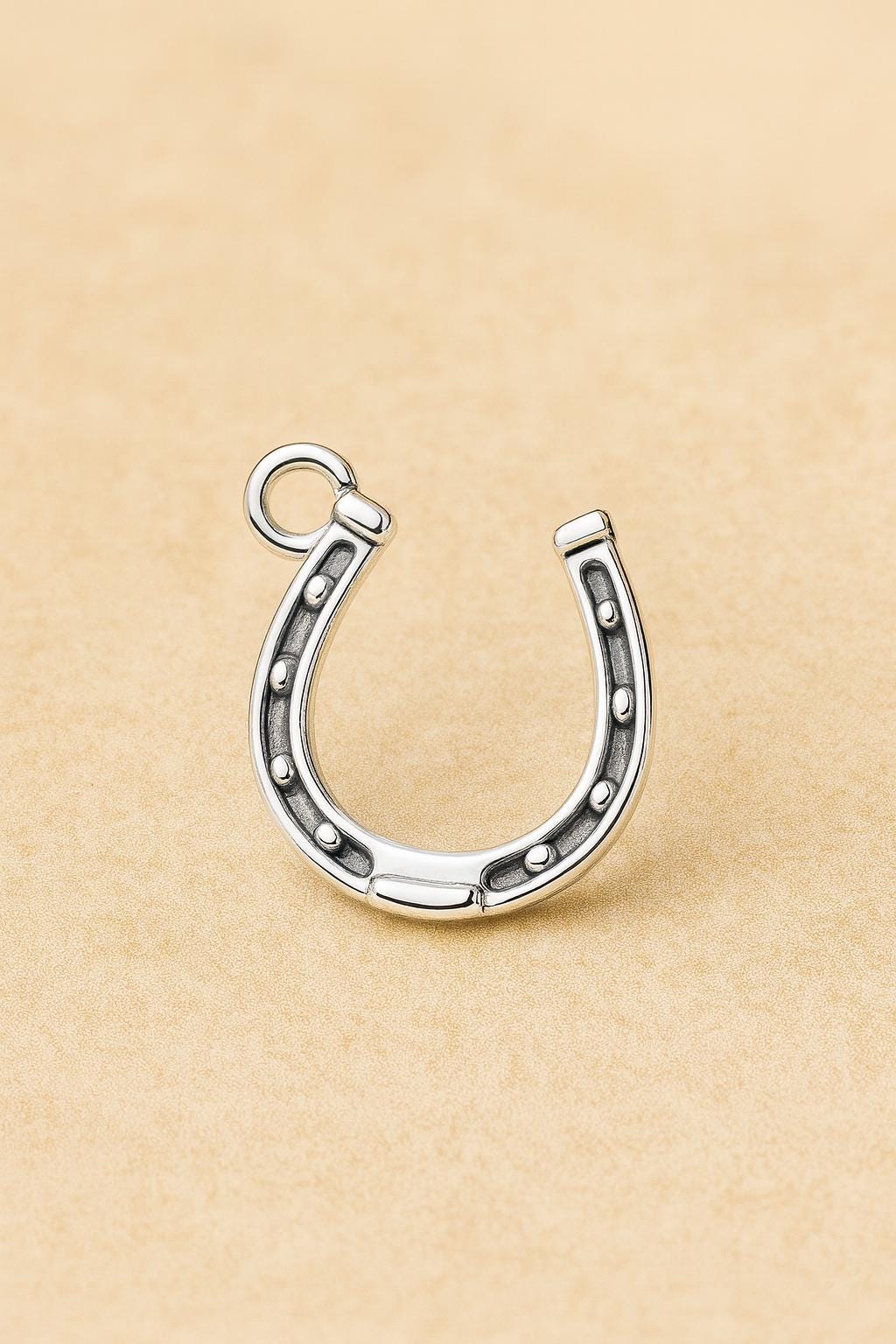 Silver horseshoe charm on a beige background