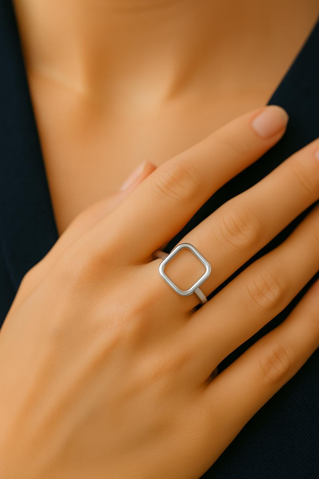 Silver ring on a hand against a dark background