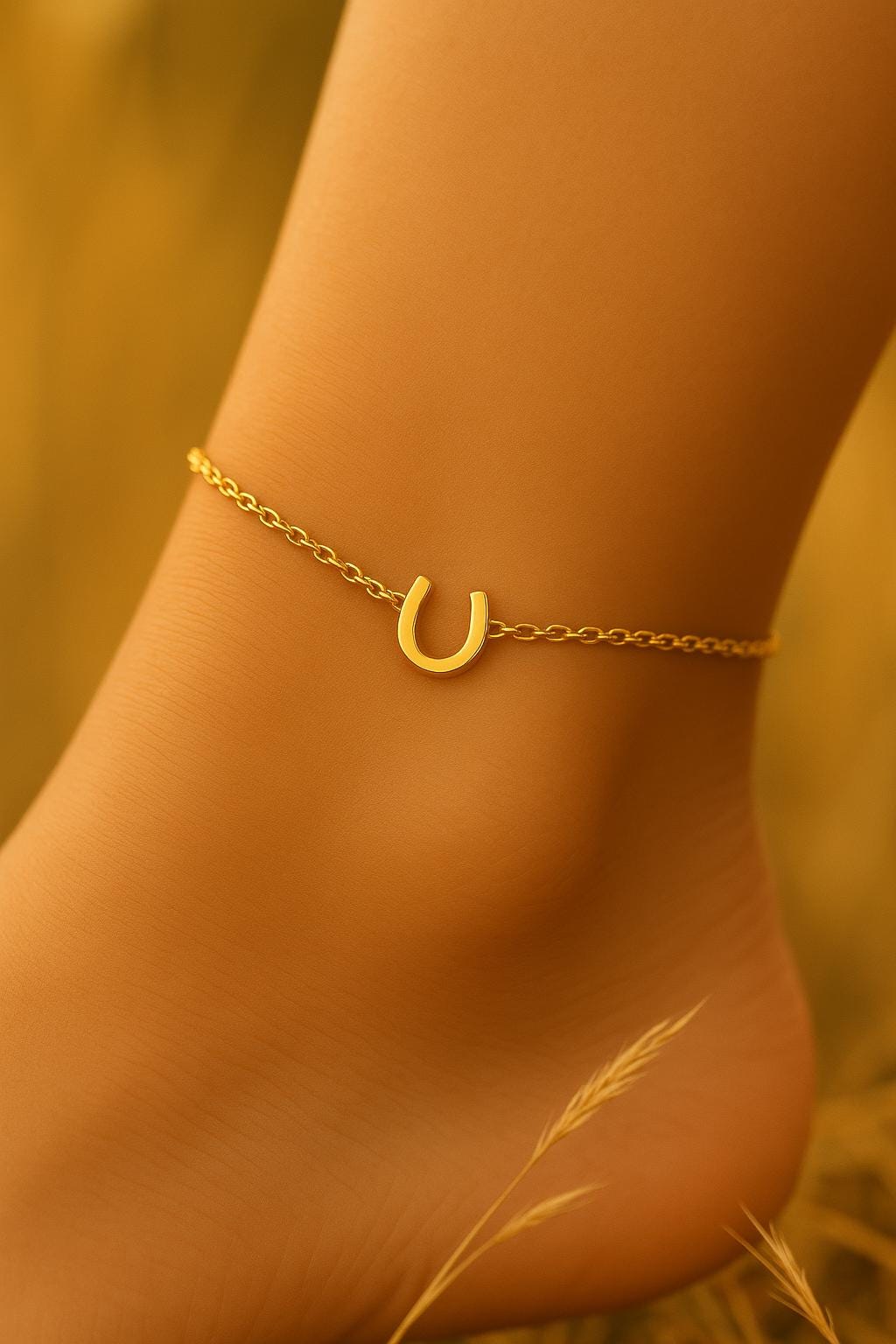 Gold anklet with a horseshoe charm on a person's ankle against a blurred natural background