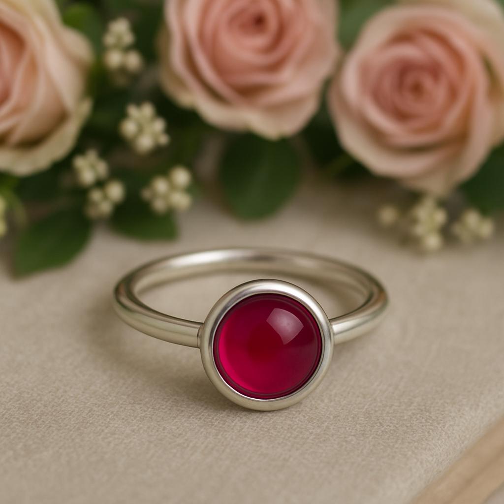 Silver ring with a red ruby gemstone on a beige surface with pink roses in the background