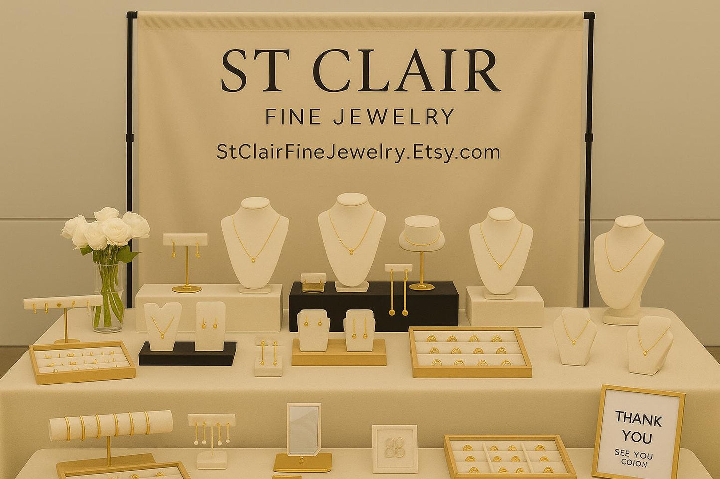 Display of jewelry on a table with 'ST CLAIR Fine Jewelry' banner in the background.