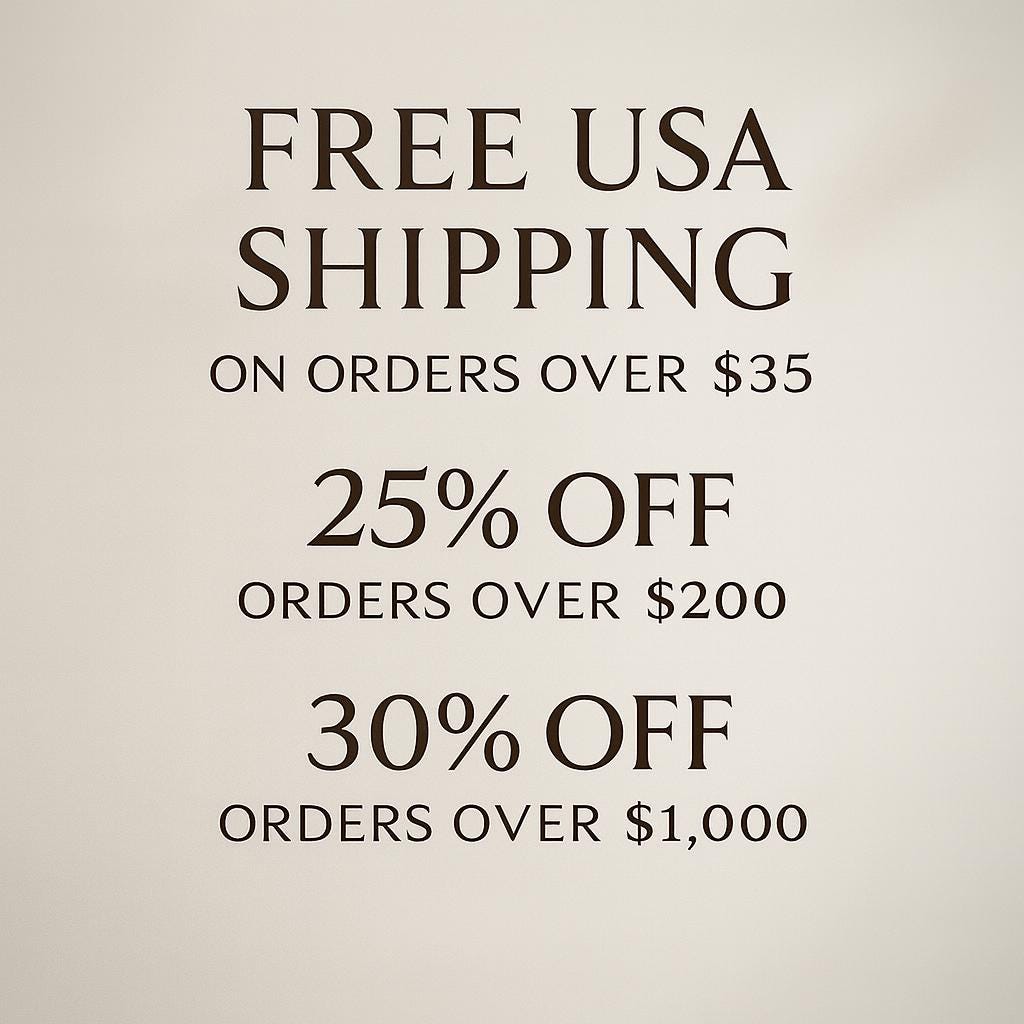 Text overlay with free shipping and discount information on a beige background