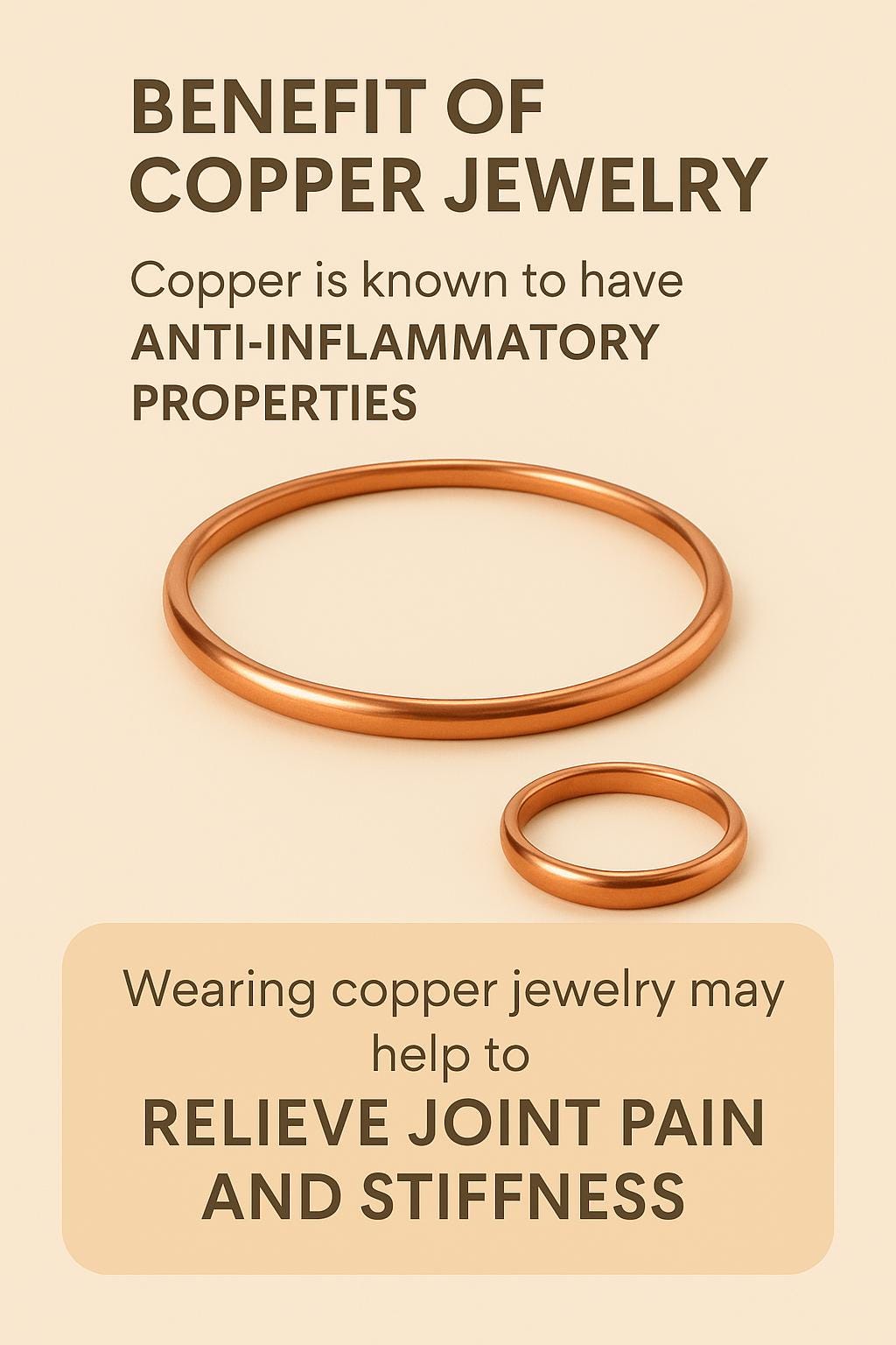 Copper jewelry with text about anti-inflammatory properties and joint pain relief on a beige background