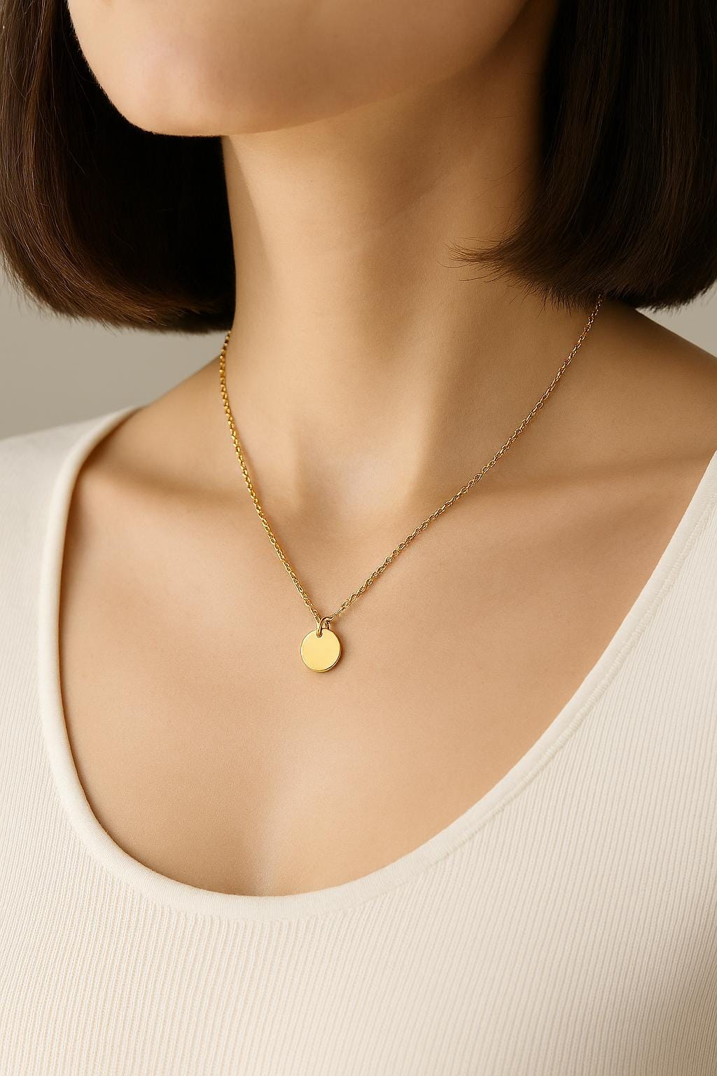 Gold necklace with a round pendant on a mannequin wearing a beige top.