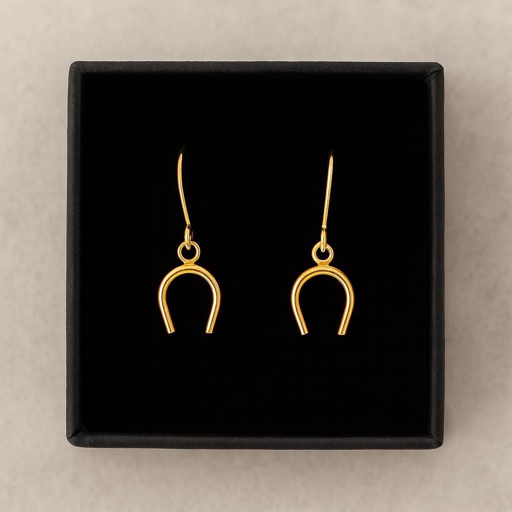 Gold horseshoe-shaped earrings in a black box on a beige background