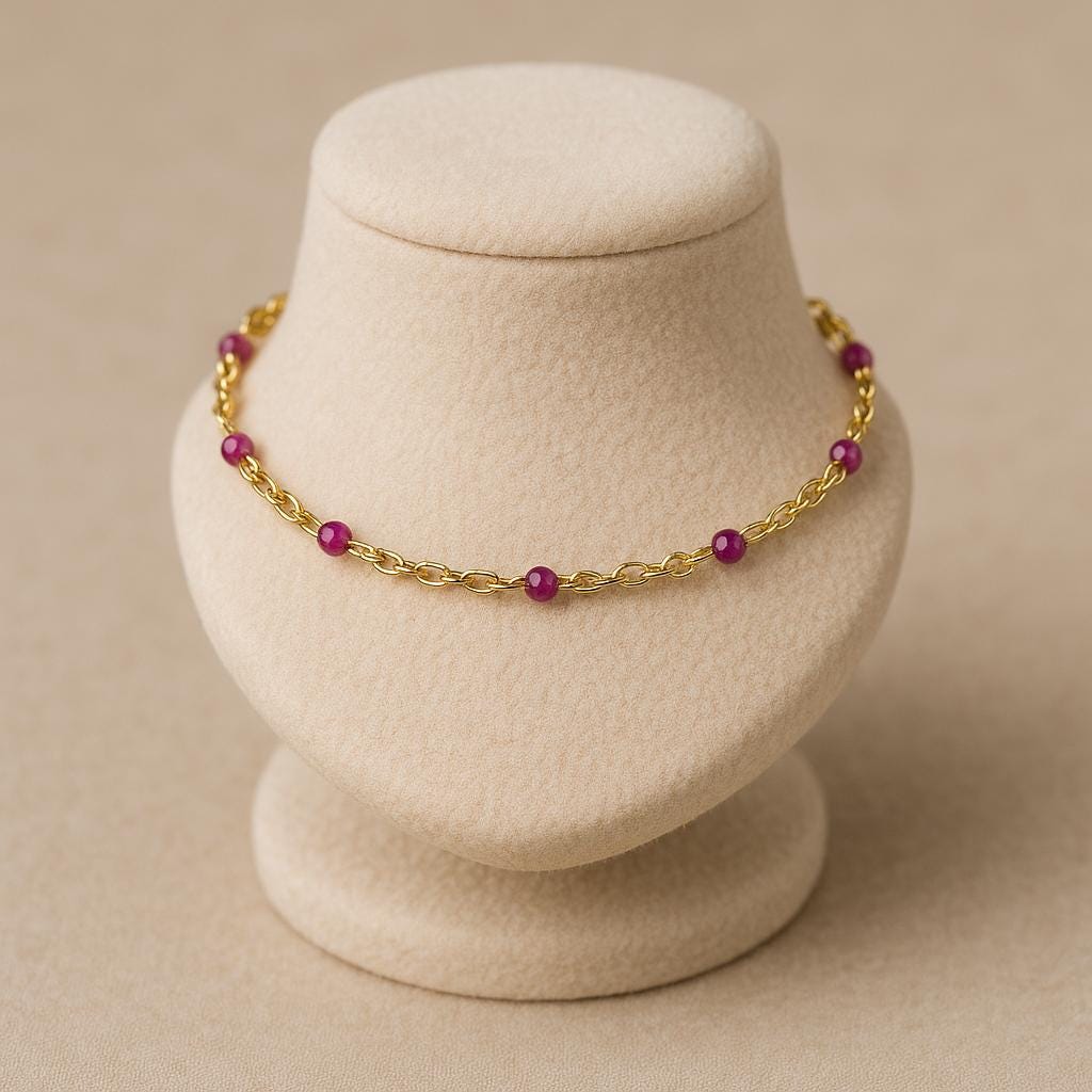 Gold Beaded Anklet with Fuchsia Gemstones – Dainty 14k Gold Filled Chain Ankle Bracelet, Minimalist Summer Jewelry - Summer Jewelry - Beach