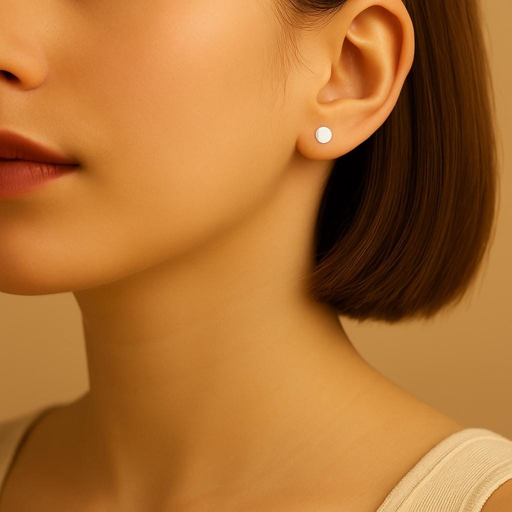 Close-up of a woman wearing a silver earring against a beige background