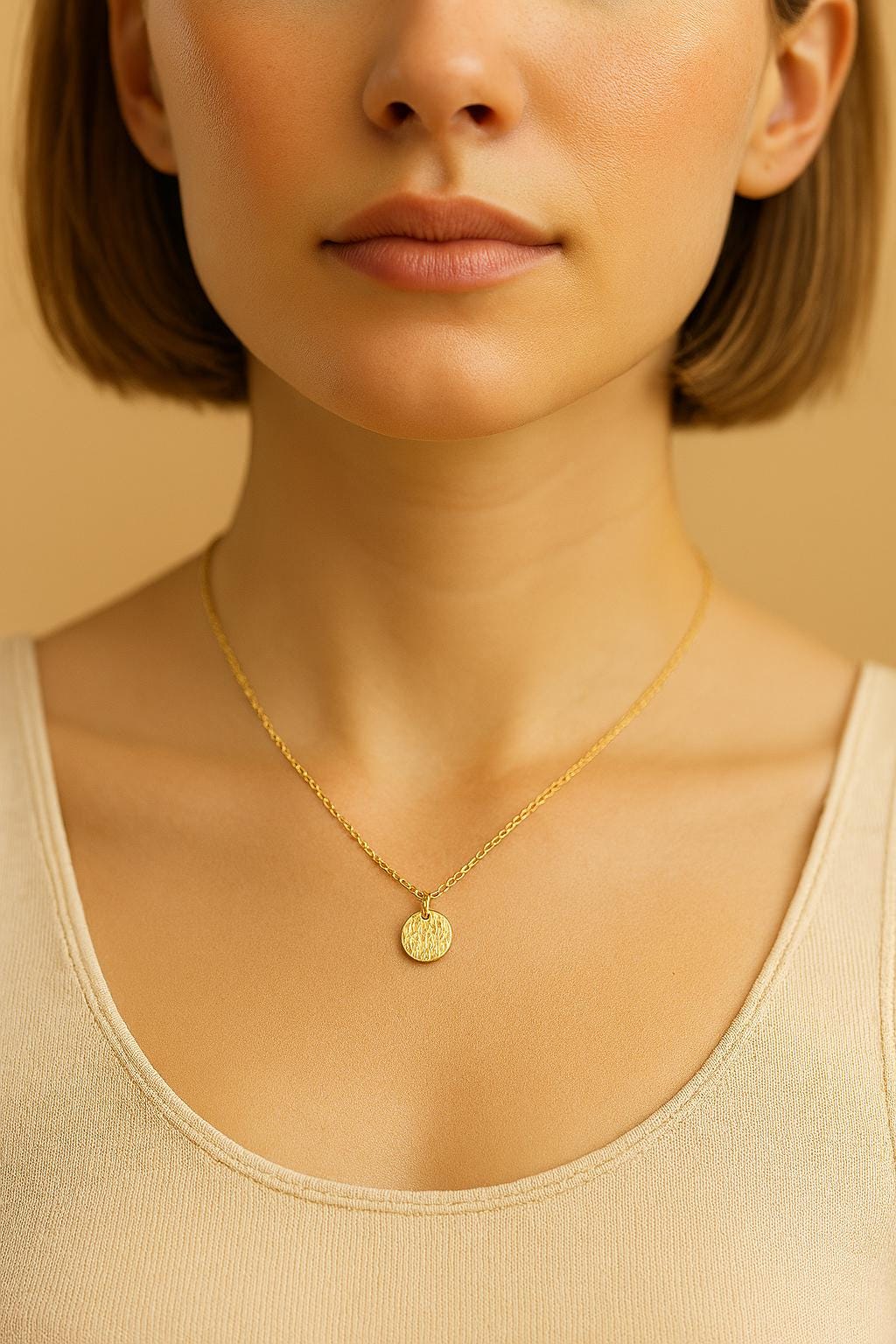 Close-up of a person wearing a gold necklace with a pendant against a neutral background