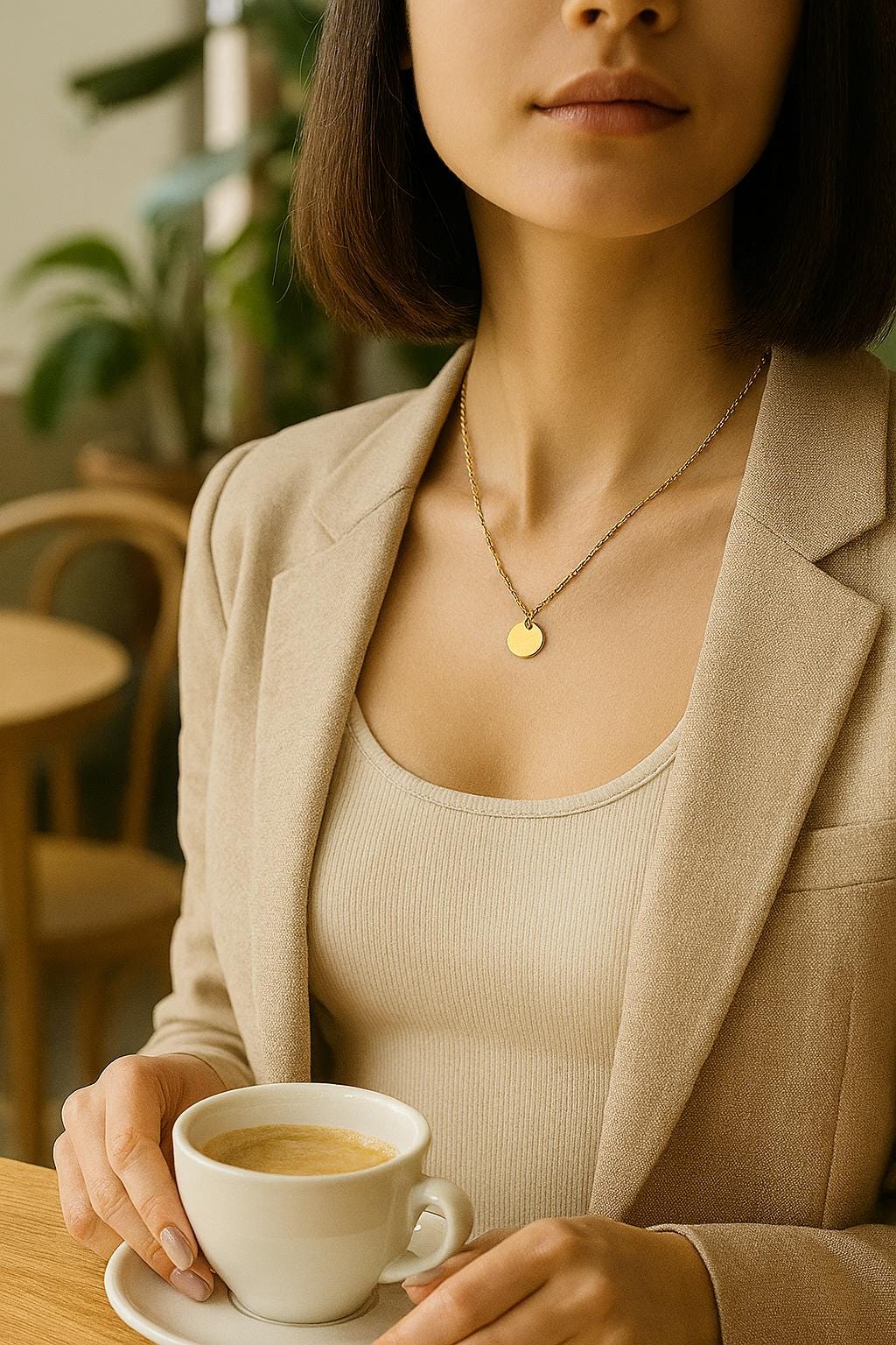 Woman holding a cup of coffee in a casual setting