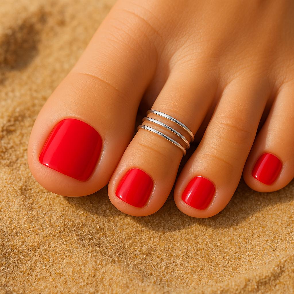 Close-up of a foot with red nail polish on a sandy background