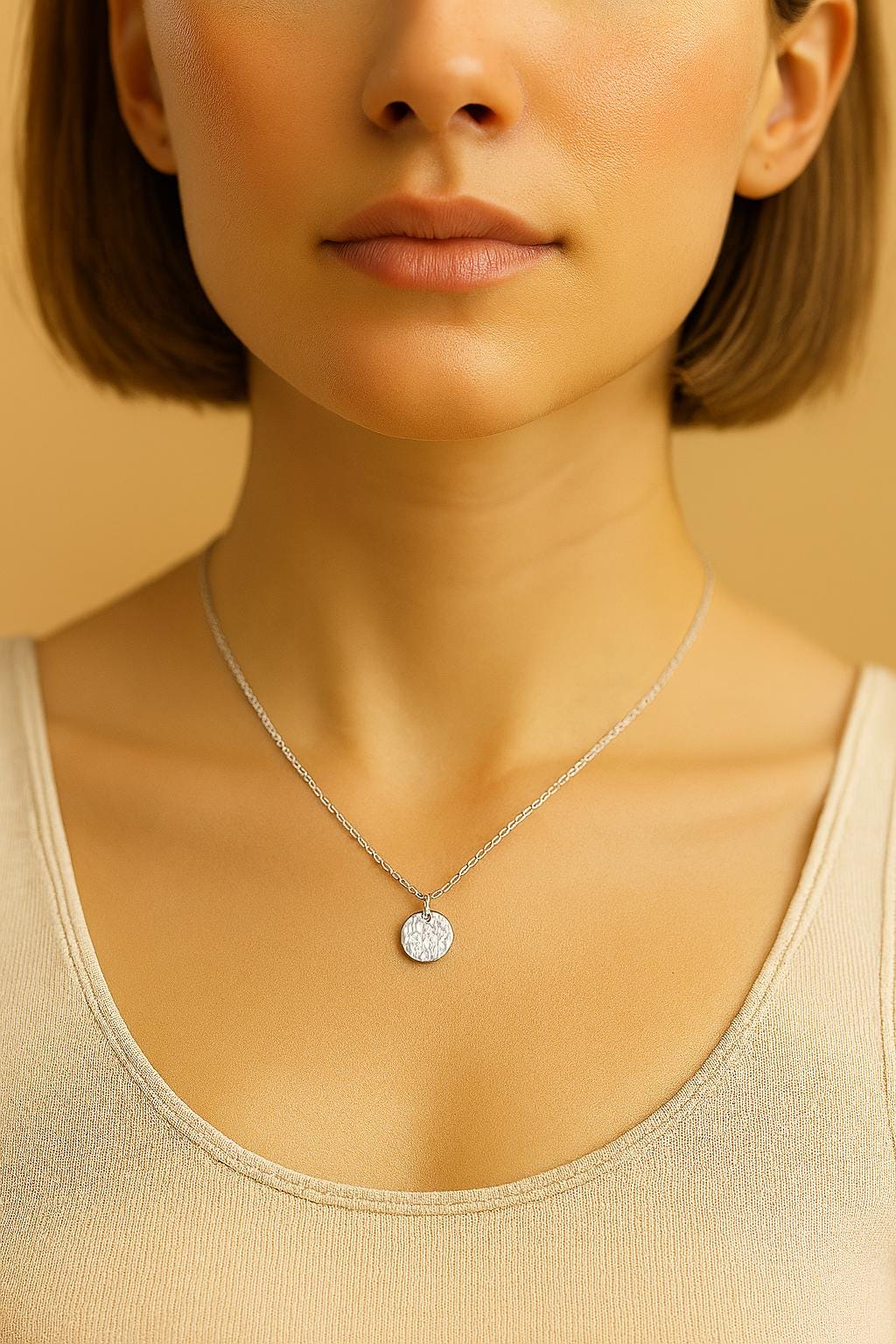 Close-up of a person wearing a silver necklace with a pendant against a neutral background