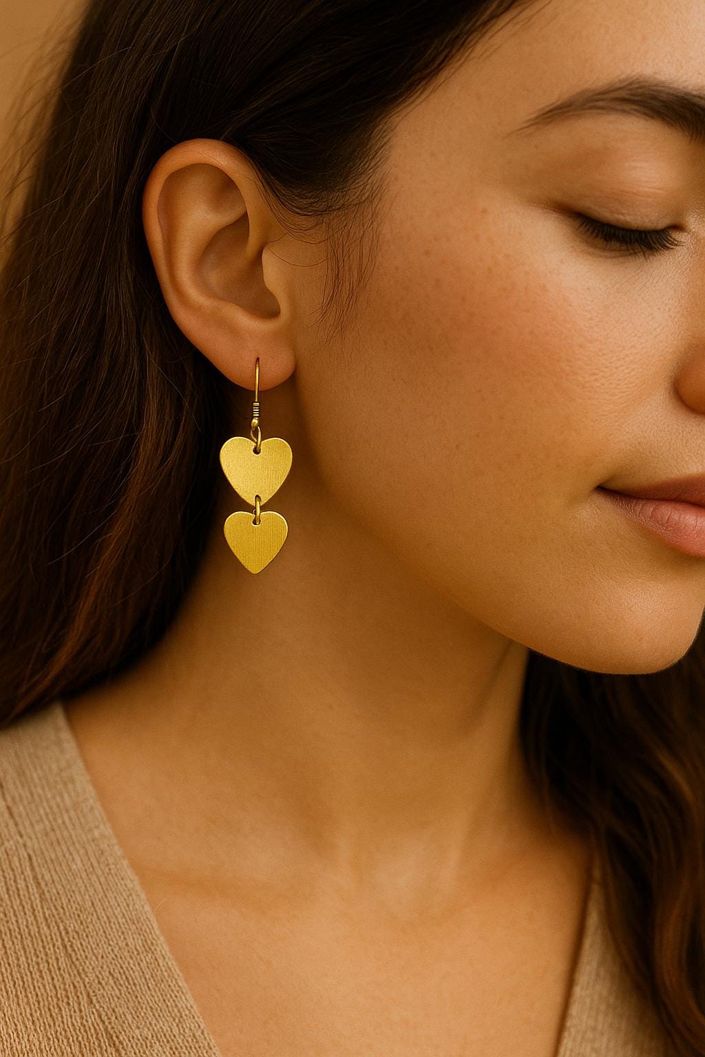 Close-up of a woman wearing gold heart-shaped earrings.