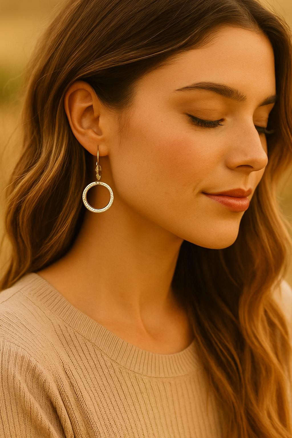 Close-up of a woman wearing hoop earrings with a blurred natural background
