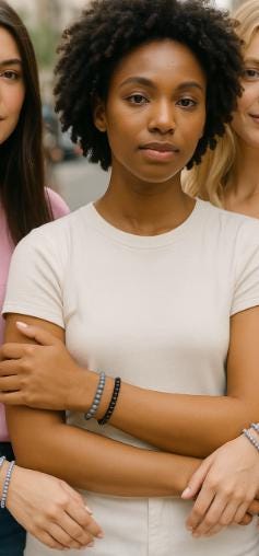 Three women standing together, with the central woman in a white shirt.