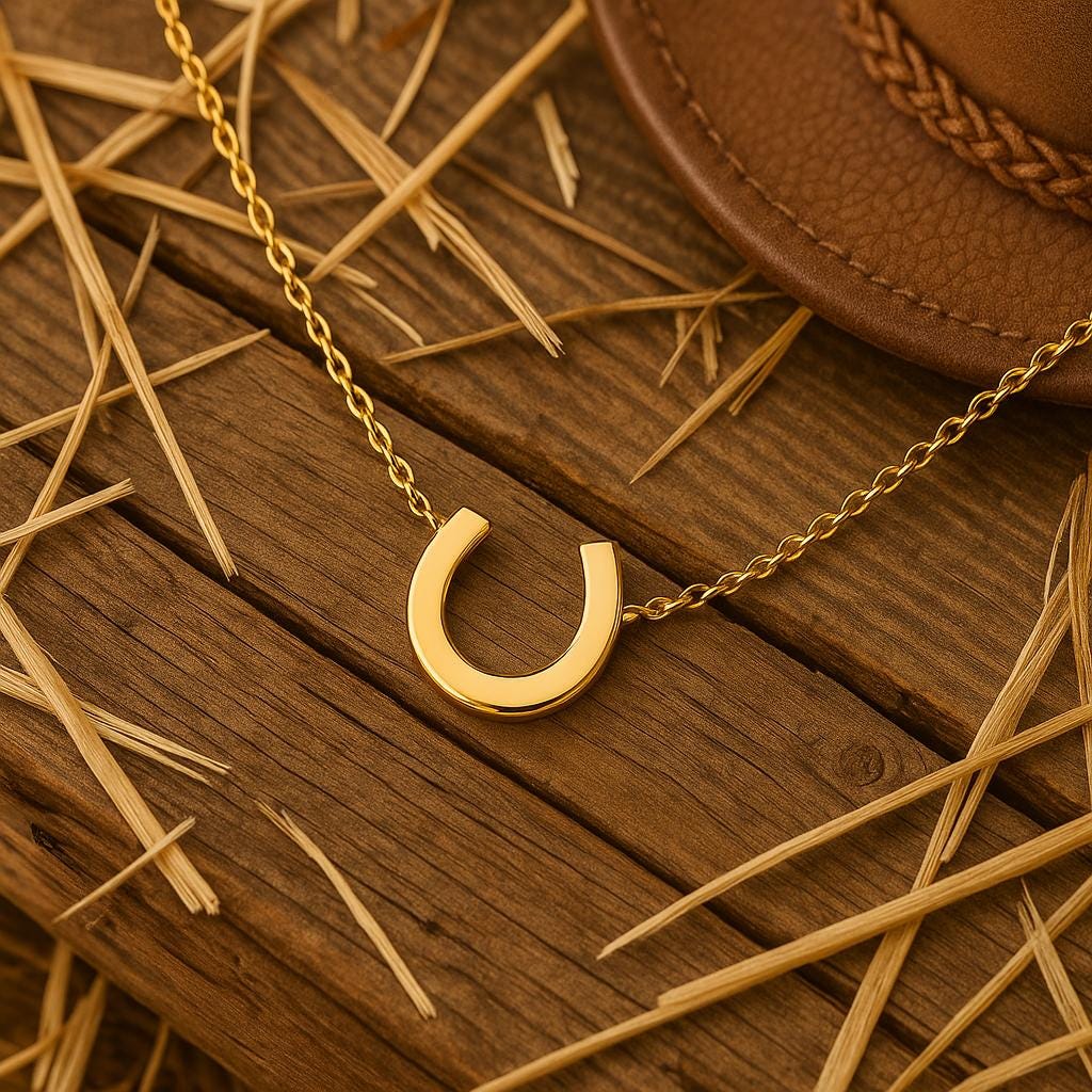 Gold necklace with a crescent moon pendant on a wooden surface with straw.