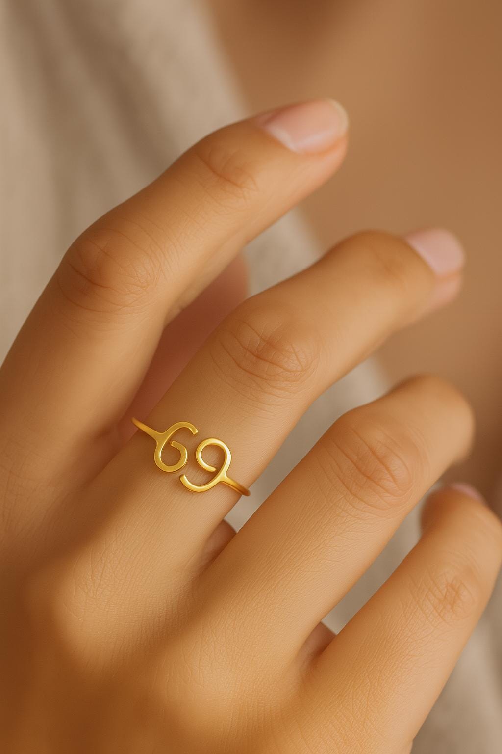 Gold ring with a unique design on a hand against a neutral background
