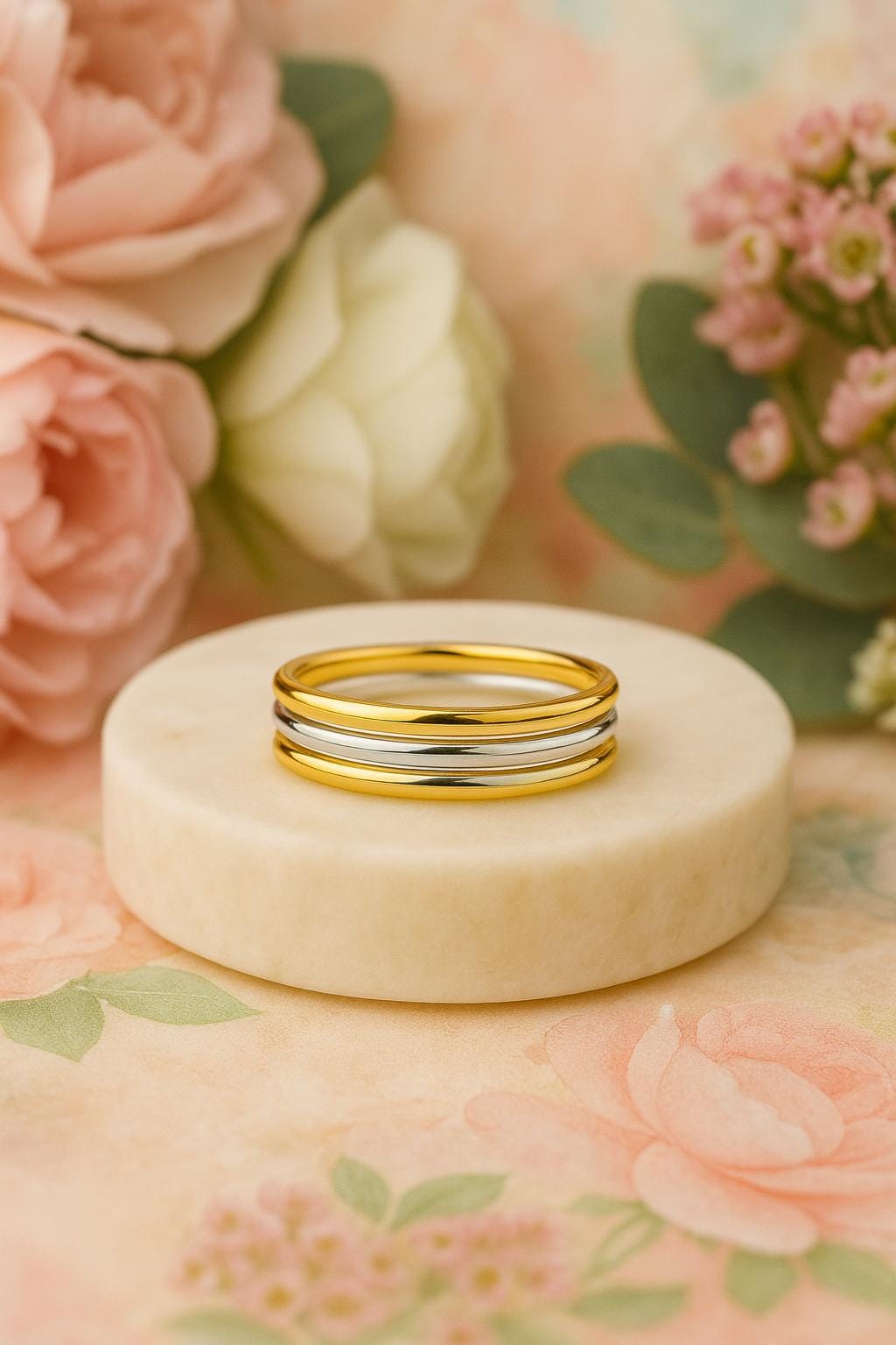 Three gold rings on a decorative stand with pink flowers in the background