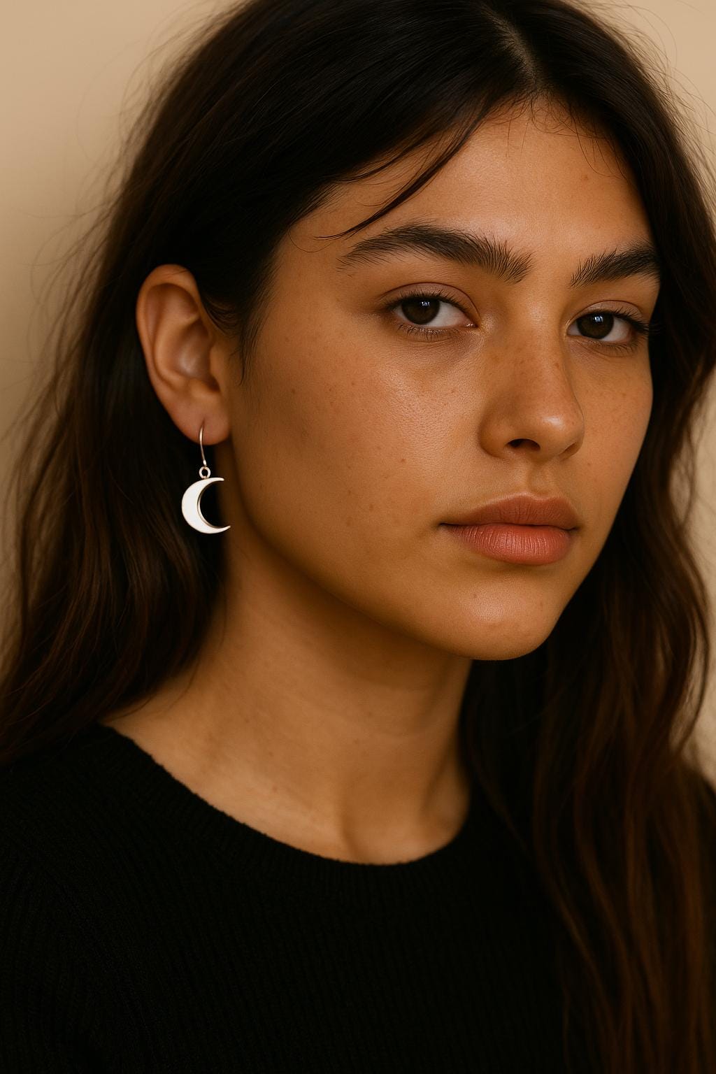 Close-up of a person wearing a crescent moon earring against a neutral background