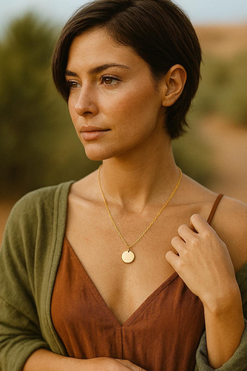 Woman wearing a gold necklace outdoors with a blurred natural background