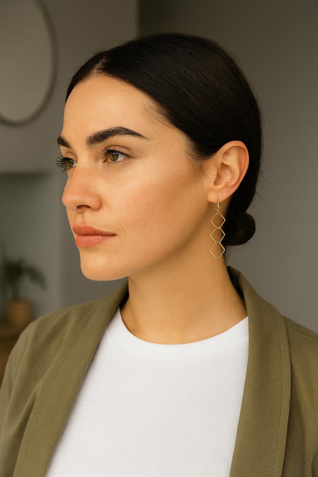 Woman wearing gold hoop earrings with a neutral background