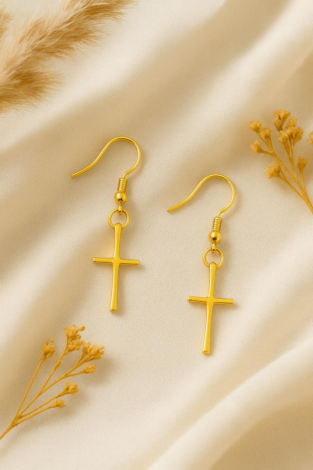 gold cross earrings, 14k gold filled earrings, faith jewelry, christian earrings, minimalist cross earrings, handcrafted gold earrings, dainty cross earrings, religious jewelry, everyday gold earrings, lightweight earrings, gold dangle earrings, gold faith earrings, hypoallergenic jewelry, nickel free earrings, spiritual jewelry gift, baptism jewelry, confirmation gift, Easter jewelry gift, Christian gold earrings, St Clair Fine Jewelry earrings, gold and faith inspired jewelry, elegant gold earrings, moder