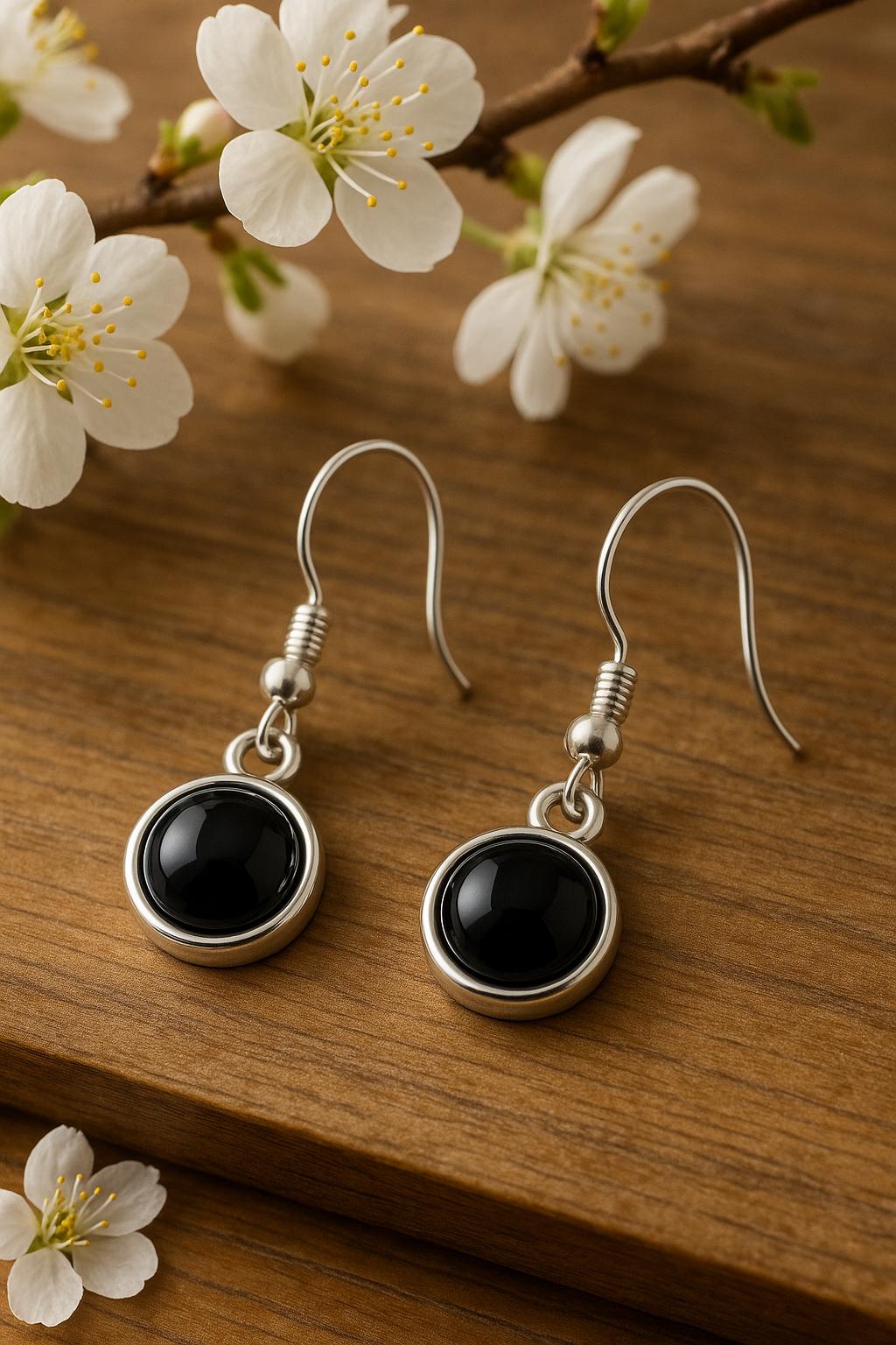 black onyx earrings, gold filled onyx earrings, sterling silver onyx earrings, gemstone drop earrings, minimalist black earrings, handcrafted gemstone jewelry, modern gold earrings, elegant everyday earrings, dainty black onyx jewelry, onyx cabochon earrings, black stone earrings, gold and silver earrings, hypoallergenic earrings, nickel free jewelry, gemstone jewelry gift, protection stone jewelry, grounding stone earrings, St Clair Fine Jewelry earrings, handmade in USA jewelry, boho chic earrings, timele