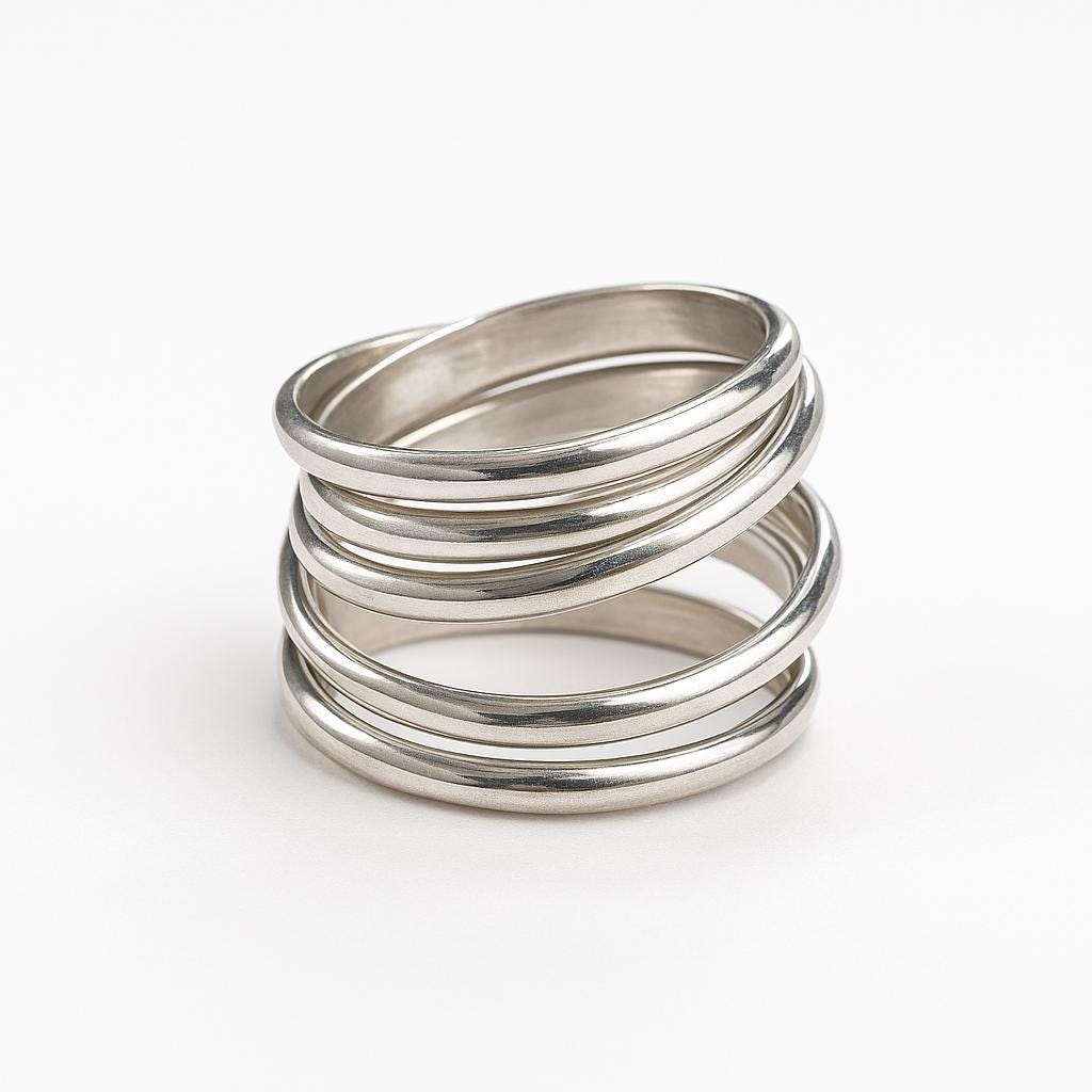 Silver ring with multiple bands on a white background