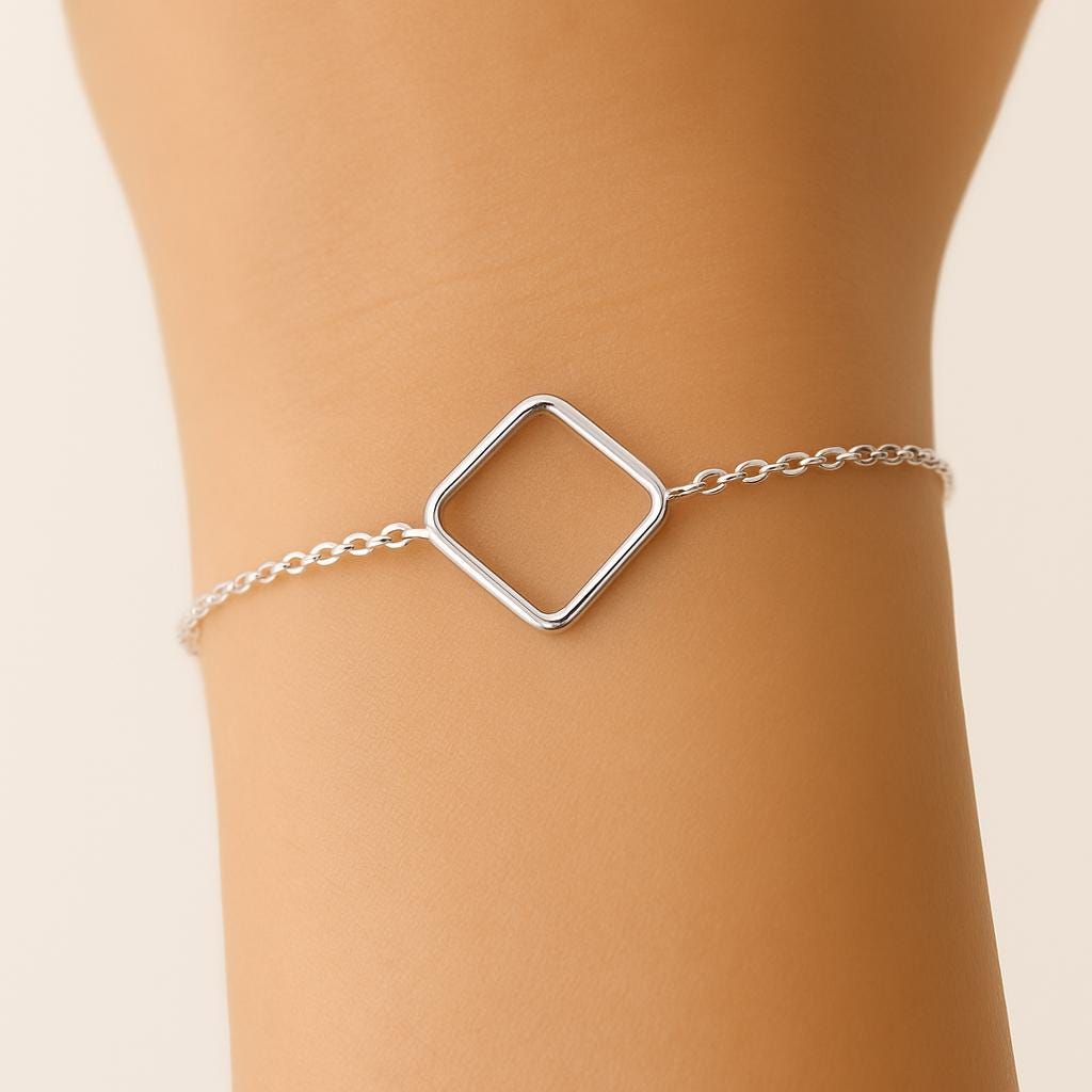 Minimalist Square Charm Bracelet - Sterling Silver or 14K Gold-Filled - Adjustable Chain Bangle - Womens Jewelry