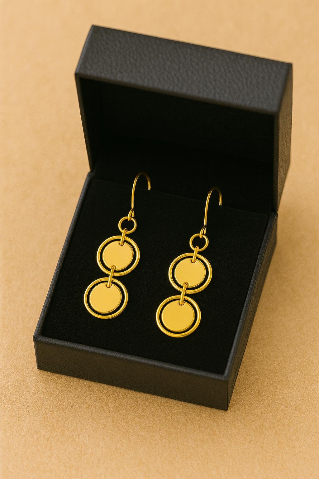 Gold earrings in a black jewelry box on a beige background