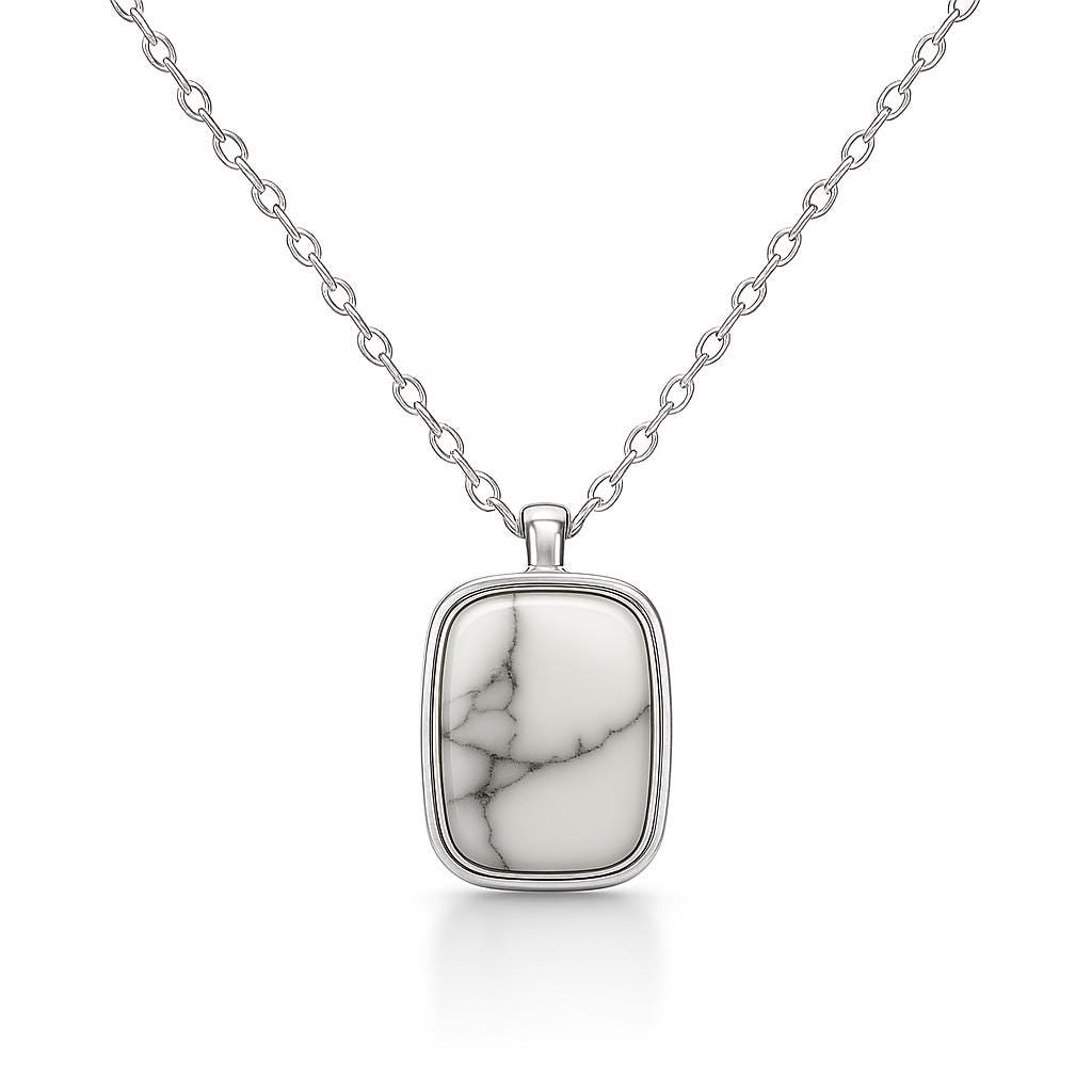 white howlite necklace, sterling silver howlite necklace, natural stone necklace, marble look necklace, handcrafted gemstone jewelry, dainty silver necklace, minimalist pendant necklace, cushion howlite pendant, calming stone jewelry, grounding stone necklace, fine handmade jewelry, St Clair Fine Jewelry necklace, modern silver jewelry, small square pendant, hypoallergenic necklace, 925 sterling silver necklace, elegant white necklace, everyday gemstone necklace, handcrafted in USA jewelry, simple silver ch