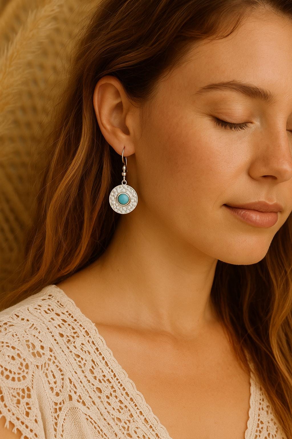 Close-up of a woman wearing a turquoise earring with a blurred background