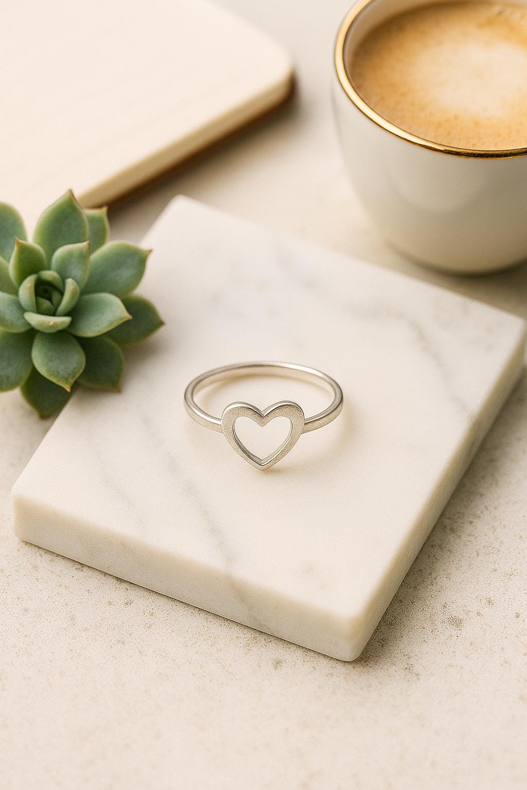 Silver ring with heart design on a marble coaster with a cup of coffee and succulent plant.