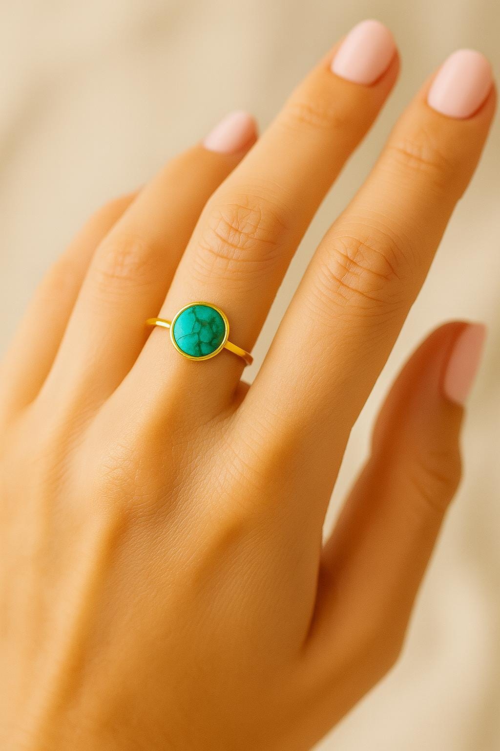 Hand wearing a gold ring with a green gemstone on a beige background
