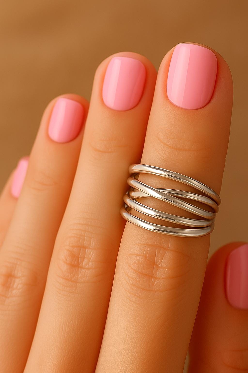 Silver ring on a finger with pink nail polish against a brown background