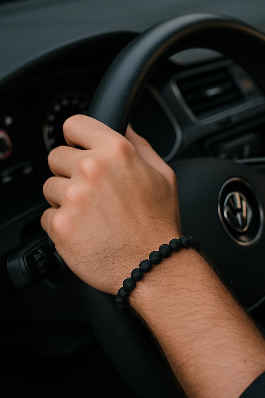 Hand holding a steering wheel with a car's interior visible