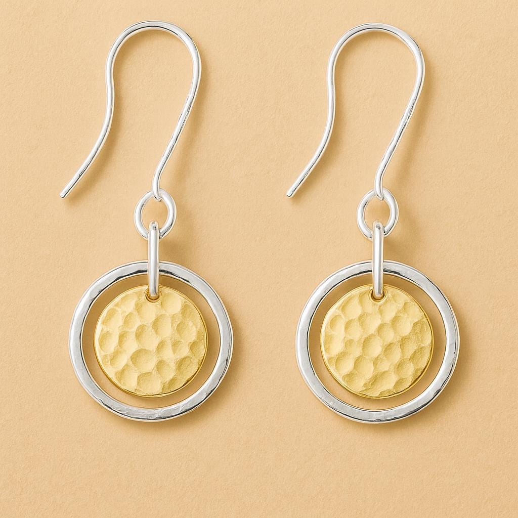 Pair of earrings with gold disc and silver circular frame on a beige background