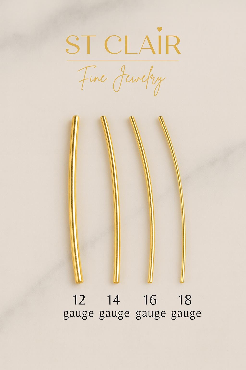 Gold jewelry rods of different gauges on a beige background with 'St Clair Fine Jewelry' branding.