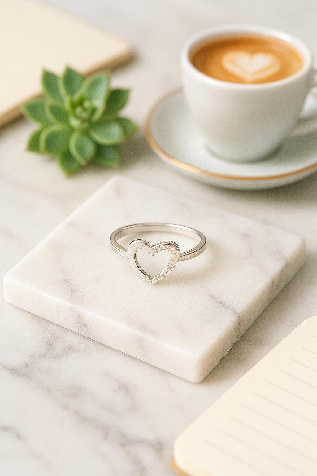 Heart-shaped ring on a marble surface with a cup of coffee and succulent plant in the background.