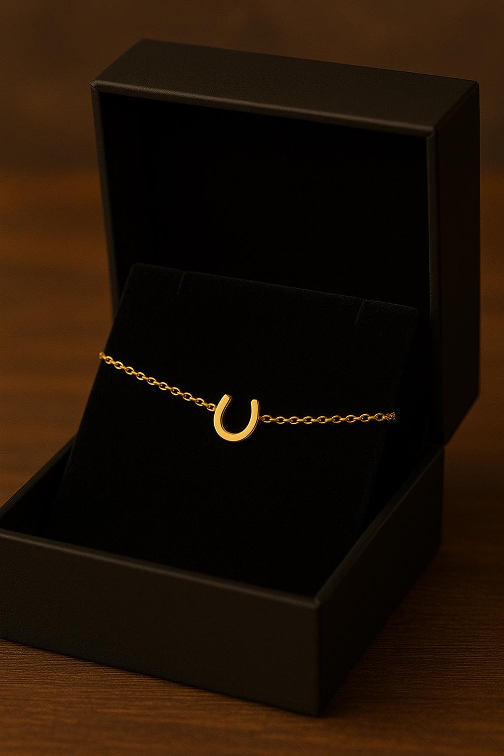 Gold bracelet with a horseshoe charm on a black display box against a brown background