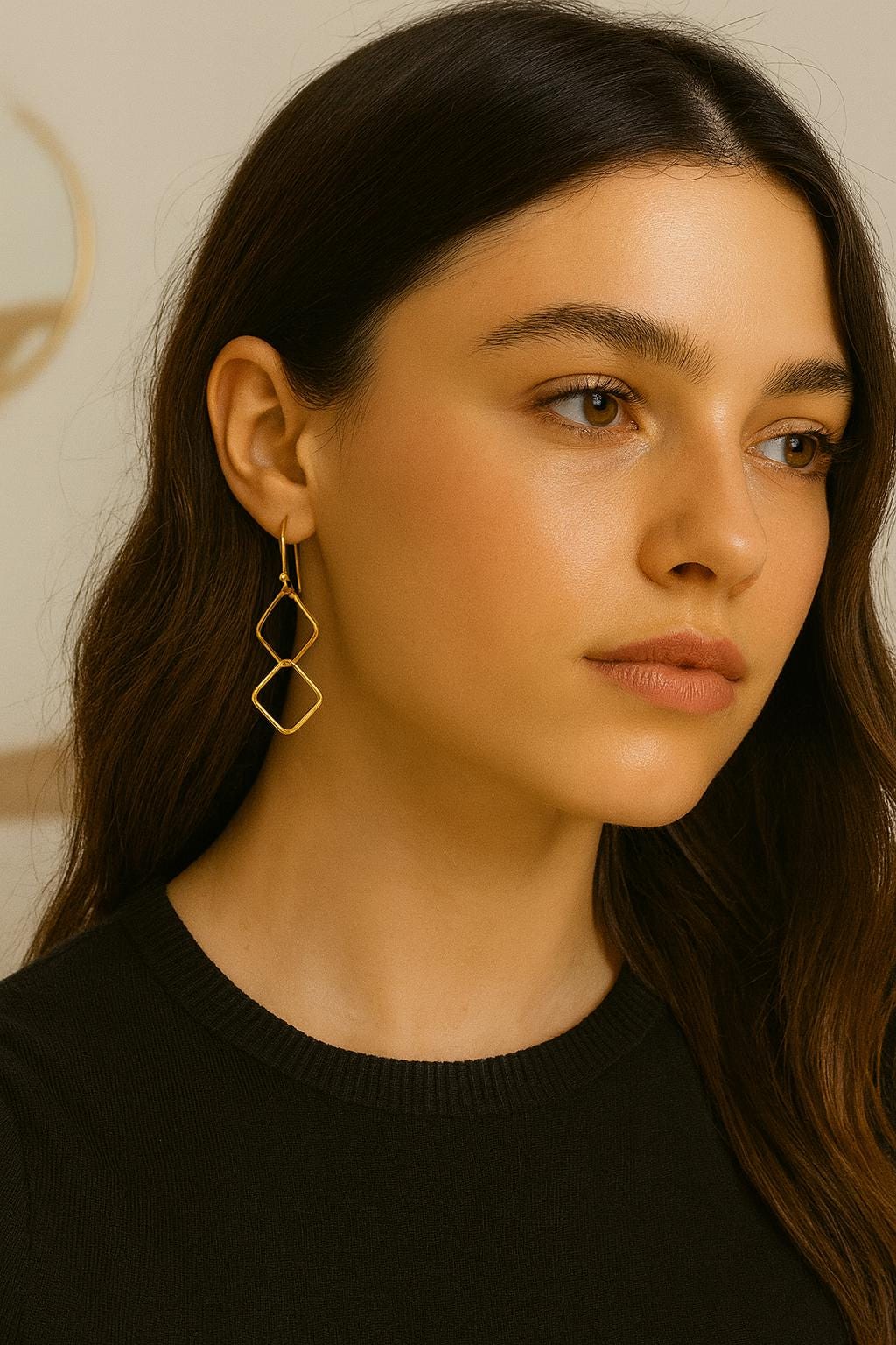 Close-up of a woman wearing gold earrings with a neutral background