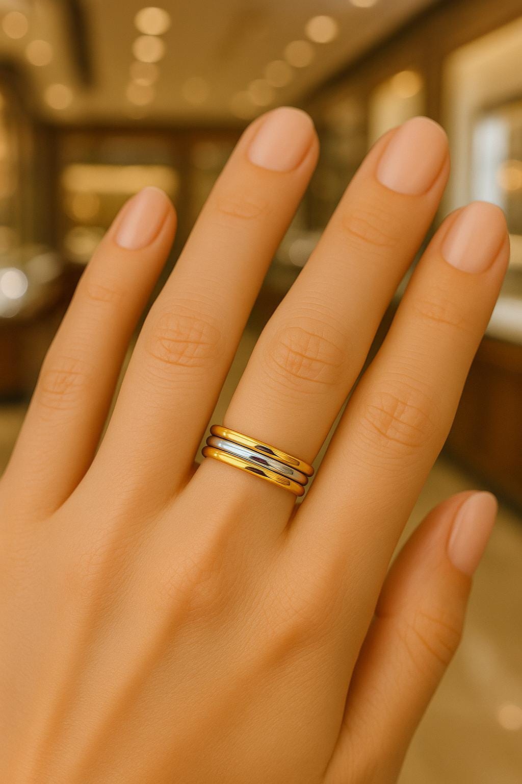 Hand wearing a gold ring with a blurred background