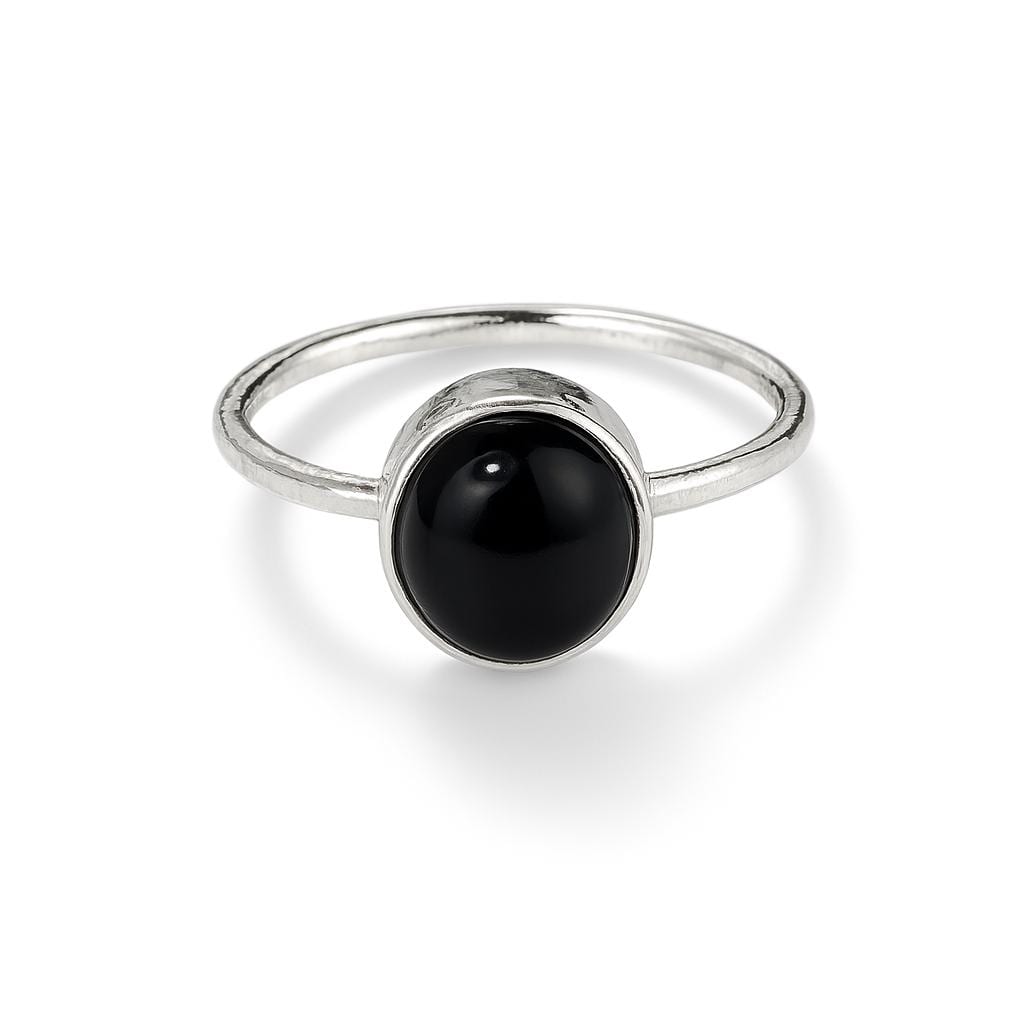Silver ring with a black onyx gemstone on a white background