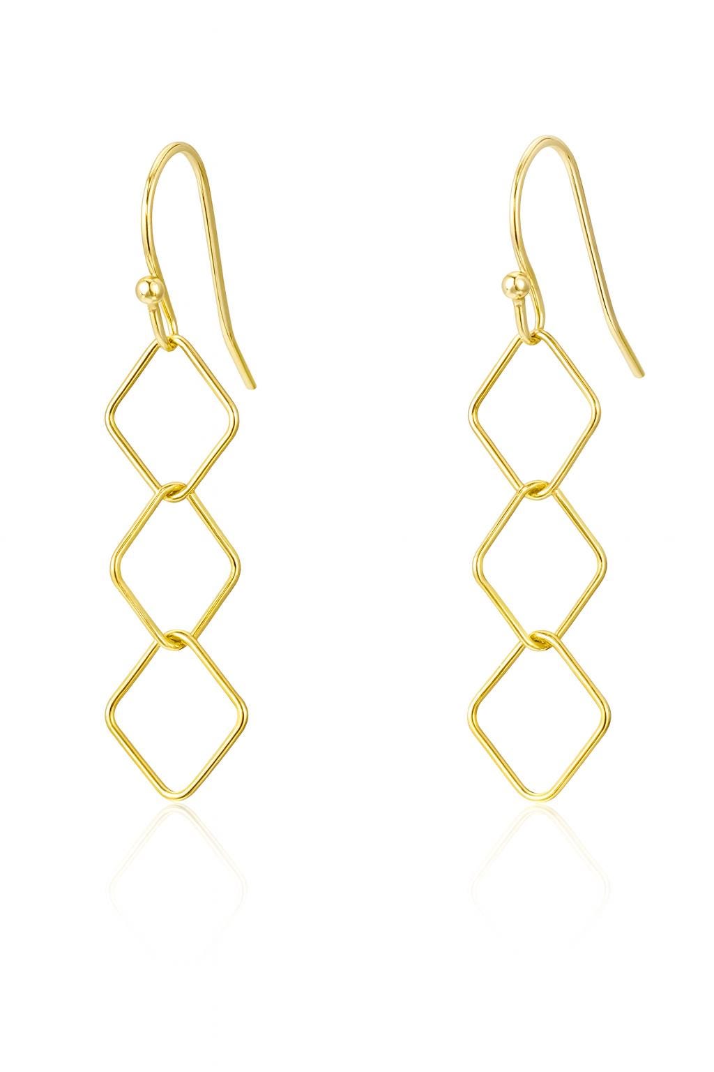 Gold earrings with diamond-shaped design on a white background