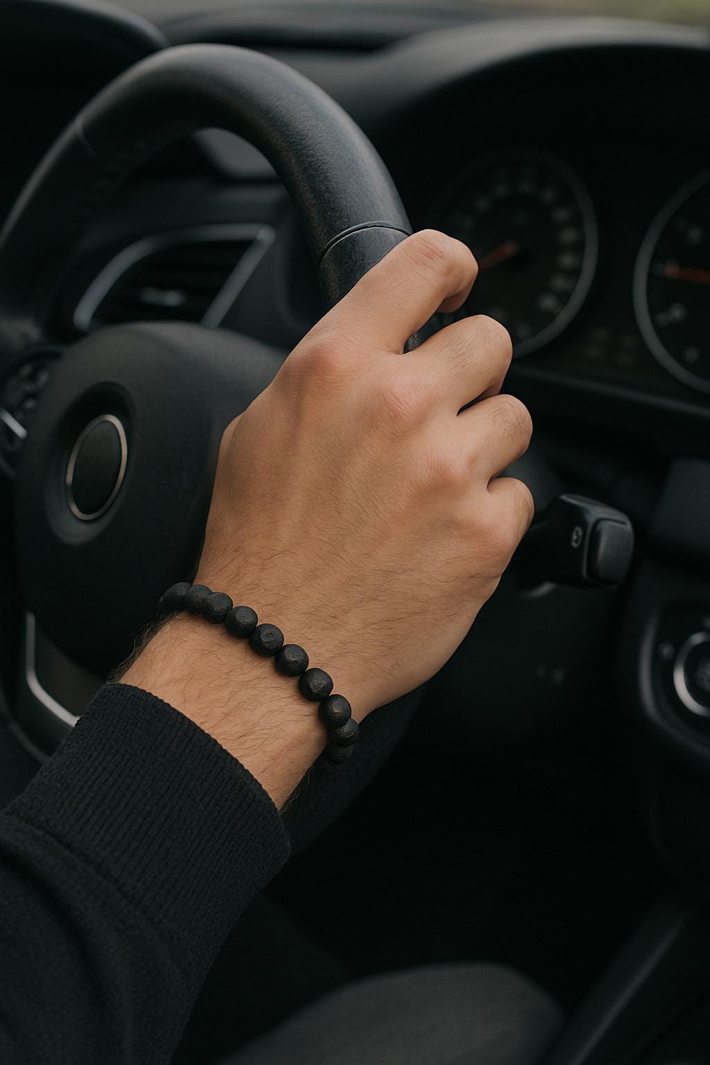 Hand holding a steering wheel with a black beaded bracelet inside a car.